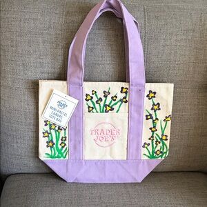 TRADER JOE’s Mini Lavender Canvas Floral Tote Bag w/ Hand Painted Art by:@sail66